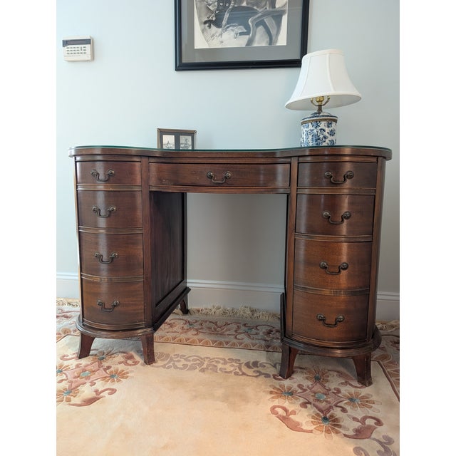 Vintage Kidney Shaped Double Pedestal Mahogany Desk For Sale - Image 18 of 18