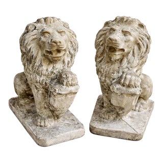 Antique Cast Stone Lion Garden Statues - A Pair For Sale