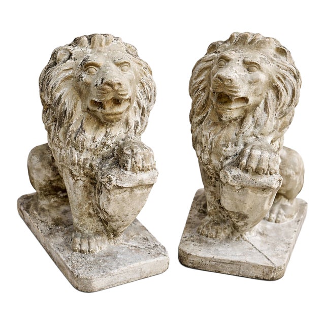 Antique Cast Stone Lion Garden Statues - A Pair For Sale