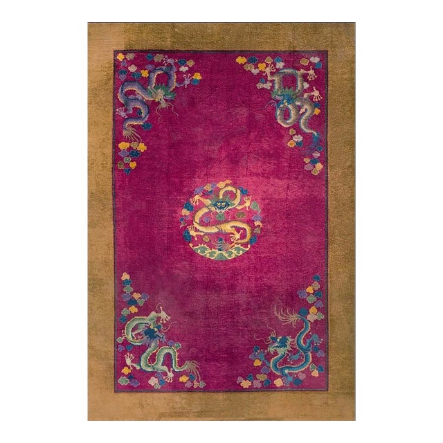 1920s Purple Dragon Medallion Antique Chinese Art Deco Carpet Wool Rug For Sale