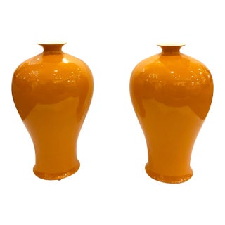 Medium Chinese Modern Mango Glaze Porcelain Vases Pair For Sale