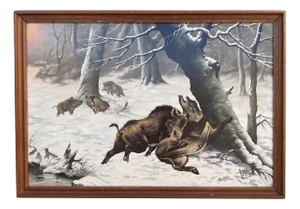 J. Bardin, Boar Fight, Oil Painting, Framed