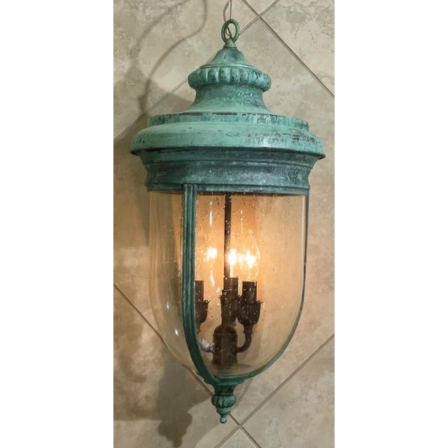 Solid Brass Lantern Hanging Pendant With Handblown Circular Glass For Sale - Image 10 of 11