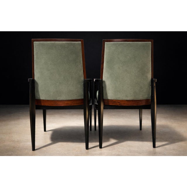 Cimo, Brazil, 1950s — Set of 8 Dining Chairs in Hardwood With Dusty Olive Mohair & Jacarandá Backs (2 Armchairs + 6 Side Chairs) For Sale - Image 4 of 16