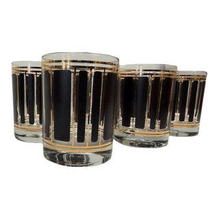 Mid 20th Century Mid-Century Modern Culver "ServeMates" 22k Gold & Black Block Rocks Glasses - Set of 6 For Sale