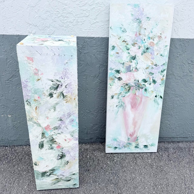 Ivory Vintage Textured Floral Painted Pedestal and Painting - 2 Pieces For Sale - Image 8 of 9