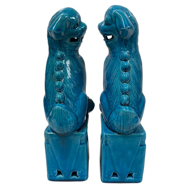 Turquoise Vintage Chinese Porcelain Turquoise Foo Dog Figurines - A Pair For Sale - Image 8 of 9