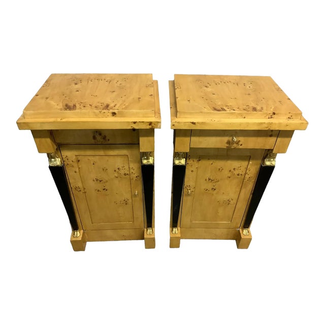 Pair of Egyptian Revival Style Burled Veneer Side Tables / Commodes For Sale