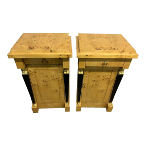 Pair of Egyptian Revival Style Burled Veneer Side Tables / Commodes
