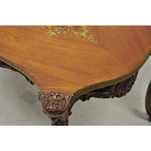 Vintage French Louis XV Style Walnut Coffee Table With Hand Painted Floral Top For Sale - Image 11 of 12