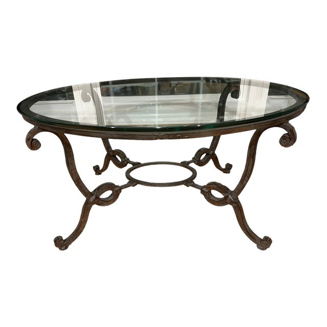 Vintage French Style Wrought Iron and Glass Coffee Table For Sale