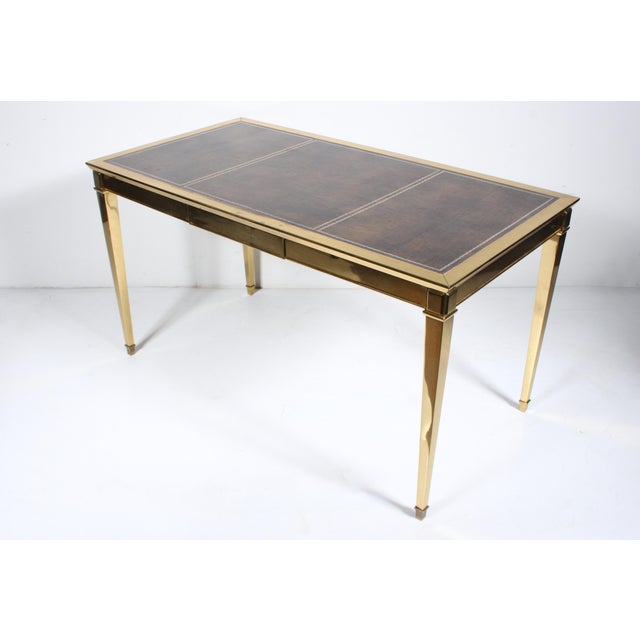 Neoclassical Italian Modern Brass Desk With Inset Bordered Leather Surface For Sale - Image 3 of 18