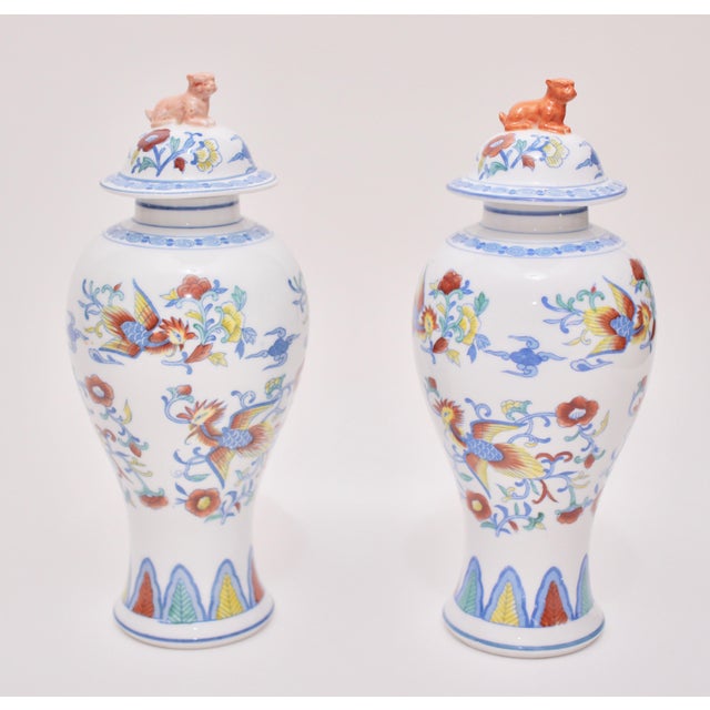 Vintage Chinese Ming Style Glazed Porcelain Lidded Vases - a Pair For Sale - Image 13 of 13