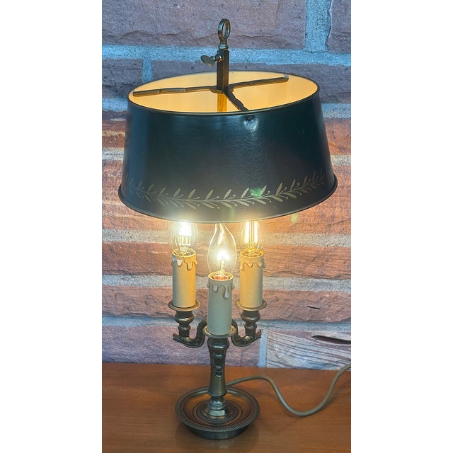 Antique French Bouilette Brass and Metal Shade 3-Light Table Lamp, 1930s For Sale - Image 9 of 11