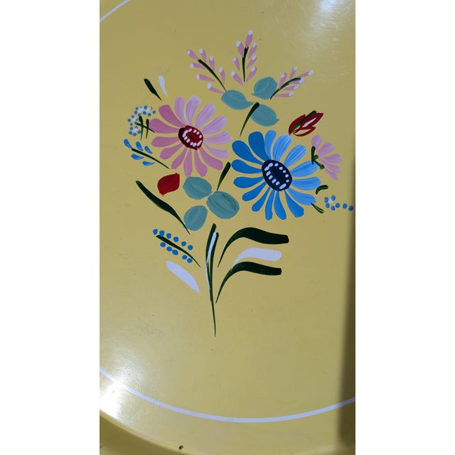 Awesome Hand Painted Mid Century Modern Toleware Tray by RANDBURG..Perky Canary Yellow Background with Blues & Reds Floral...