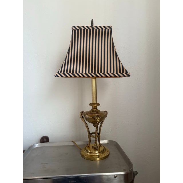 Brass 1960s Hollywood Regency Brass Ram Lamp With Silk Striped Shade For Sale - Image 8 of 8
