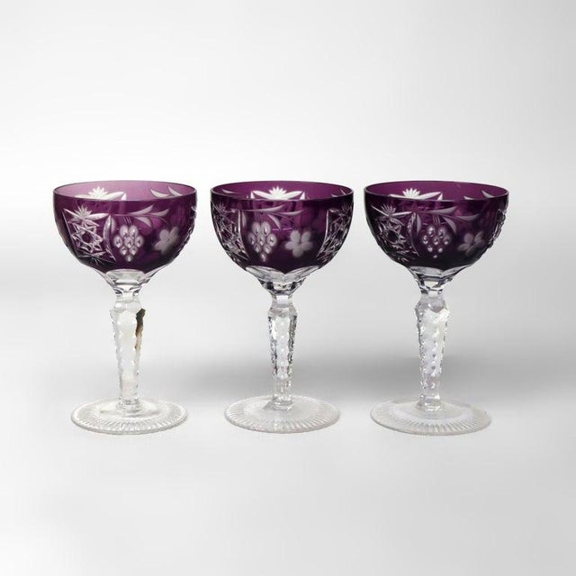 Traditional 3 Antique Bohemian Cranberry Floral & Grape Cut to Clear Crystal Goblets C1900 For Sale - Image 3 of 6