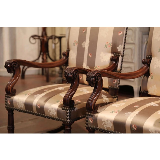French Pair of 19th Century French Louis XIII Walnut Fauteuils With Carved Ram Heads For Sale - Image 3 of 12