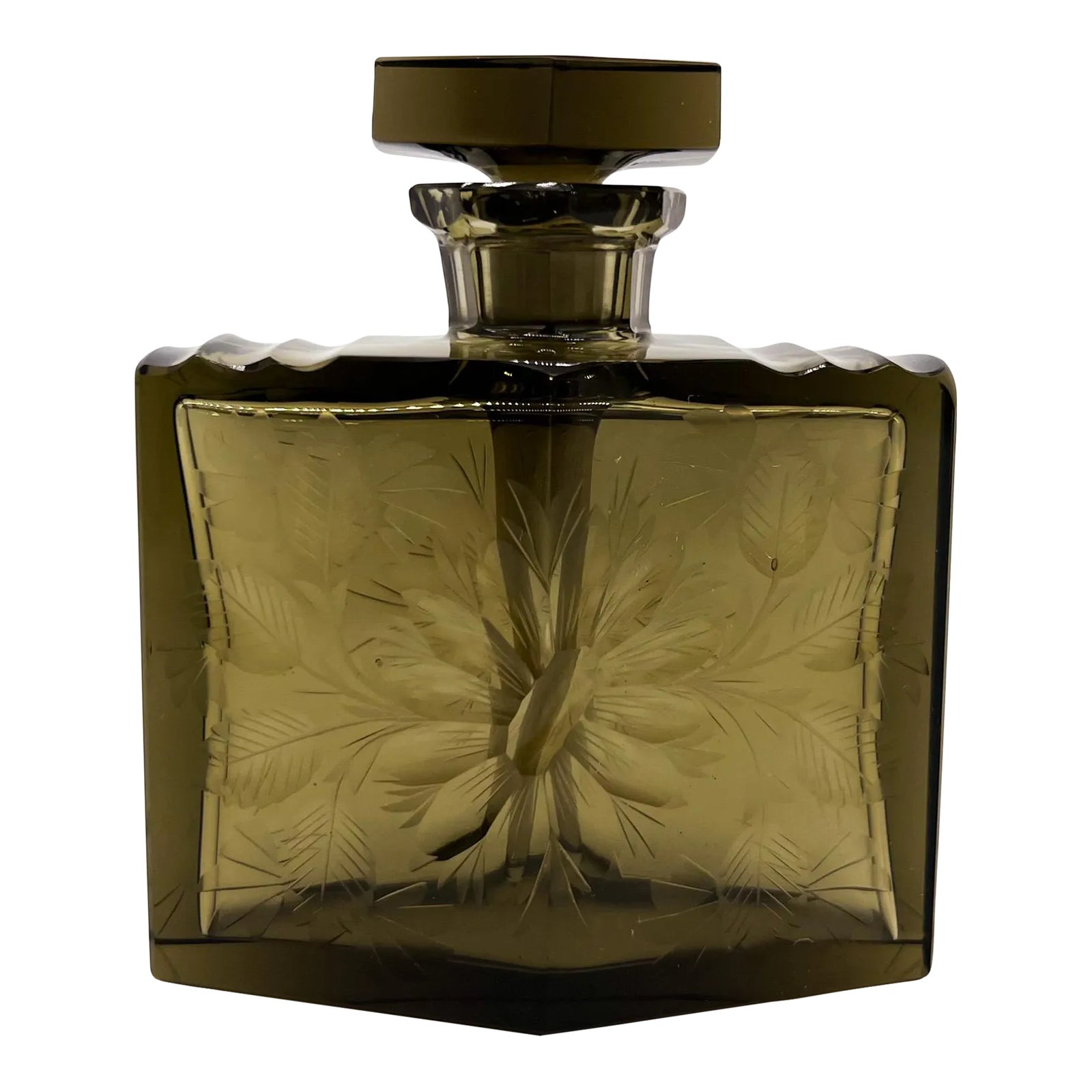 Art Deco Smoky Gray Perfume Bottle – Cut Glass With Floral Motif | Chairish