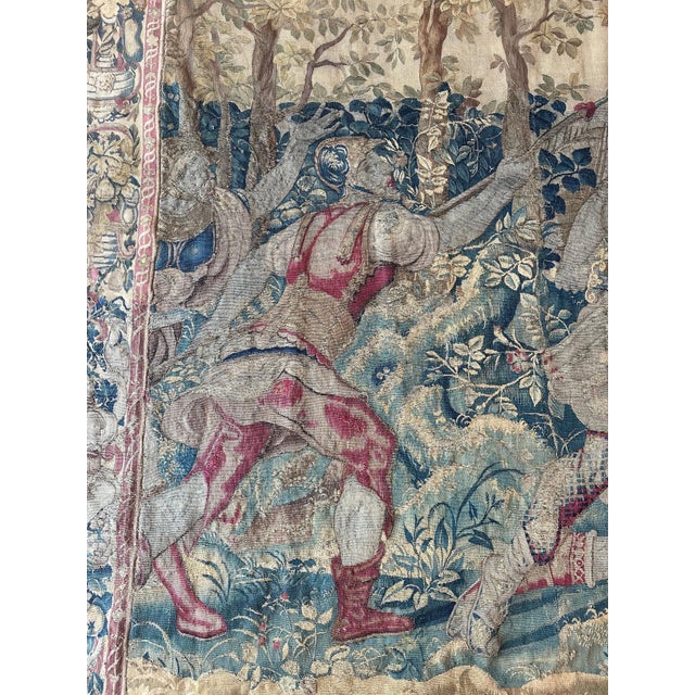 17th Century Fine Brussels Tapestry, Silk Wool, Green, Blue, Red, Battle Scene For Sale - Image 18 of 18