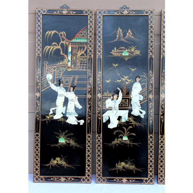 1970s Vintage Chinese Black Lacquer Mother-of-Pearl Inlay Wall Panels - Set of 4 Chinoiserie Scenic Figures & Pagoda Landscape Art For Sale - Image 5 of 18