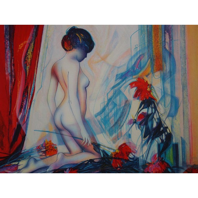 Jean-Baptiste Valadié Nude with dahlias Hand signed lithograph Original lithograph on vellum paper measuring 64 x 56 cm....