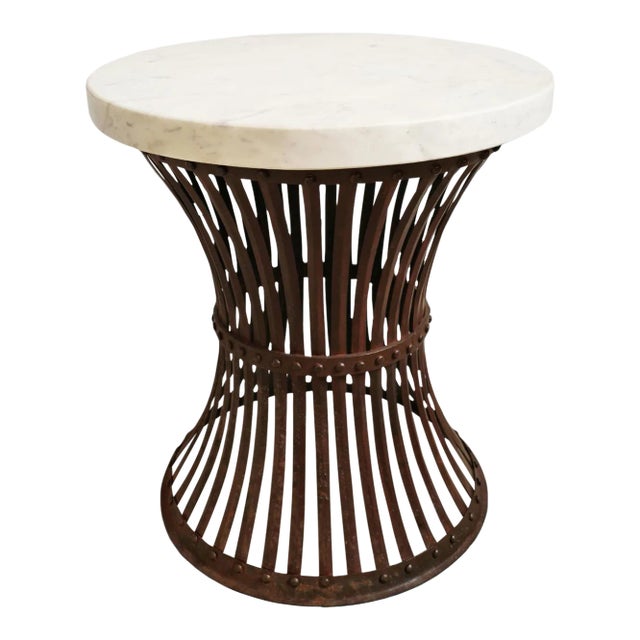 Vintage White Marble & Iron Rivet Band Side Table For Sale