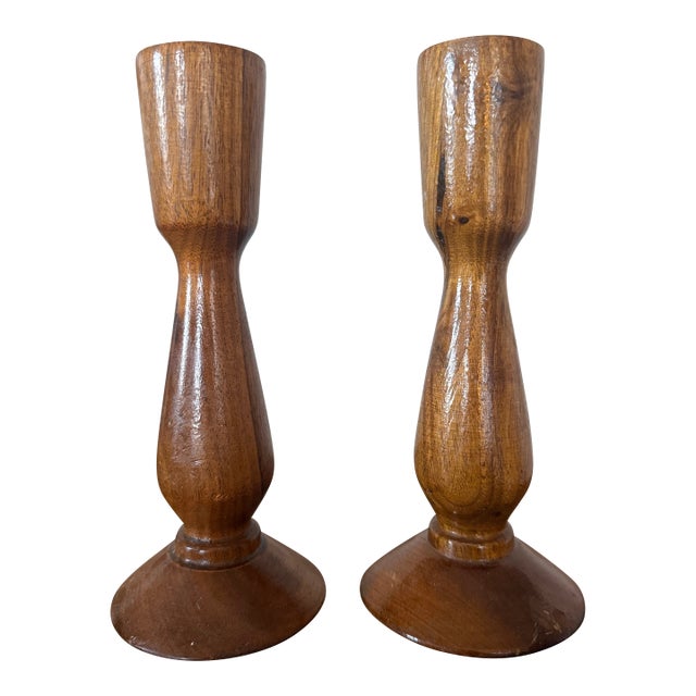 Vintage Hand-Turned Wooden Candlesticks – Pair, Mid-Century Style For Sale
