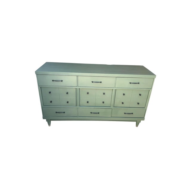 Mid-Century Modern Custom Refinished Mid-Century Modern Sage Green 12-Drawer Dresser With Frameless Mirror For Sale - Image 3 of 8