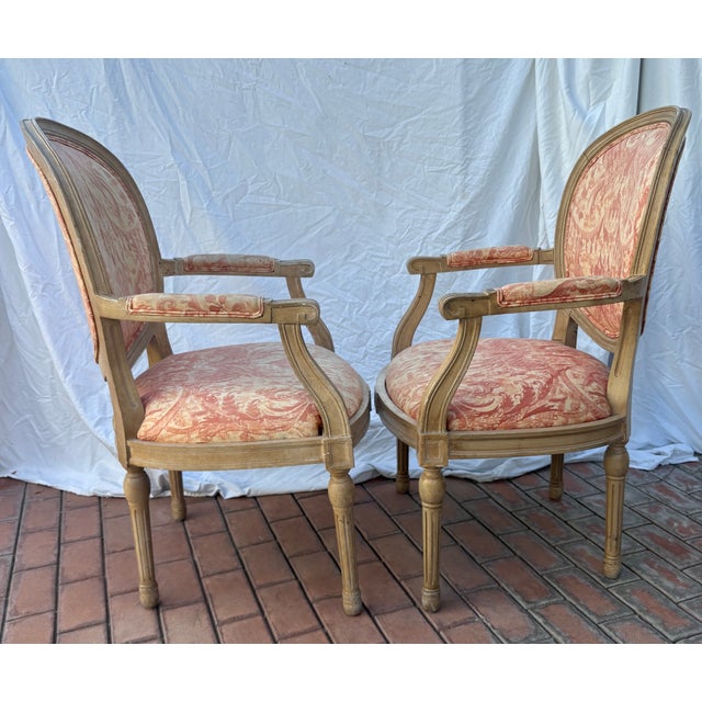 Late 20th Century Pair of Louis XVI Style Armchairs Upholstered in Terra Cotta Toile De Jouy For Sale - Image 4 of 10