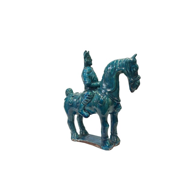 Vintage Distressed Dark Green Glaze Ceramic Soldier Riding Horse Figure For Sale - Image 4 of 6