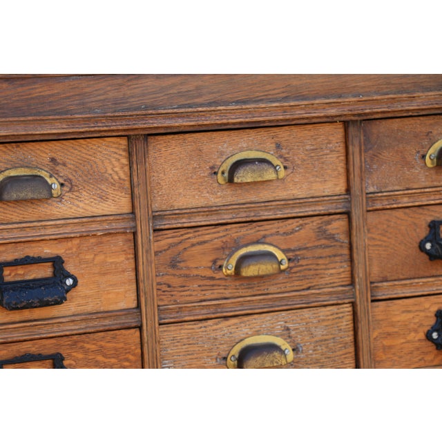 1940s Antique 60-Drawer Solid Oak Apothecary Cabinet | Ventura County Workshop Cabinet For Sale - Image 5 of 18