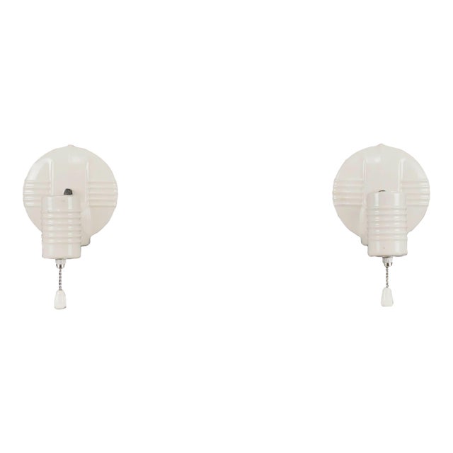Mid 20th Century Restored Art Deco White Ceramic Wall Sconces - a Pair For Sale