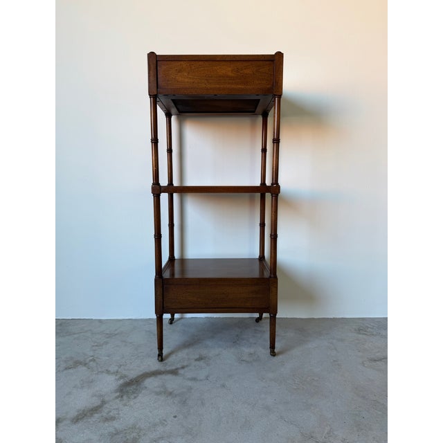 1970’s Vintage Mount Airy Three-Tier Walnut Etagere With Drawers & Brass Casters For Sale - Image 9 of 12