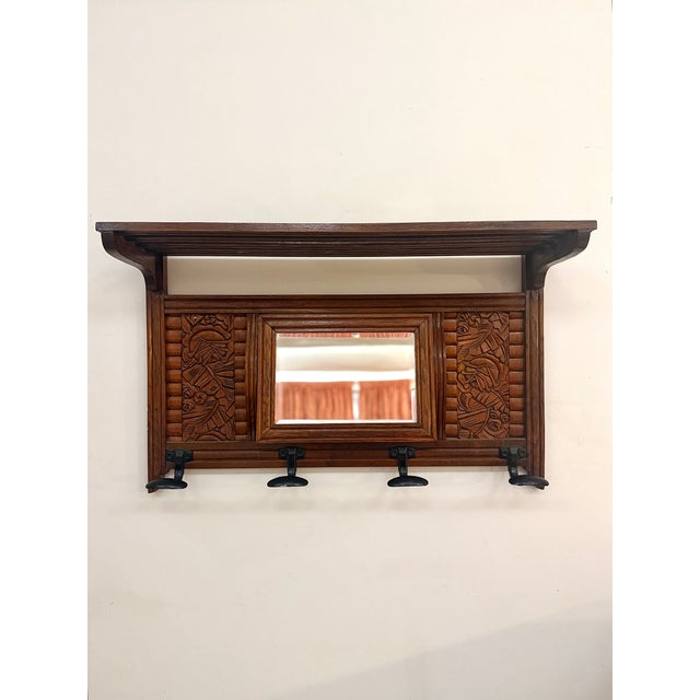 Antique French Hand-Carved Oak Wall-Mounted Coat Rack with Pivoting Mirror & Slatted Shelf, 1920s For Sale - Image 11 of 11