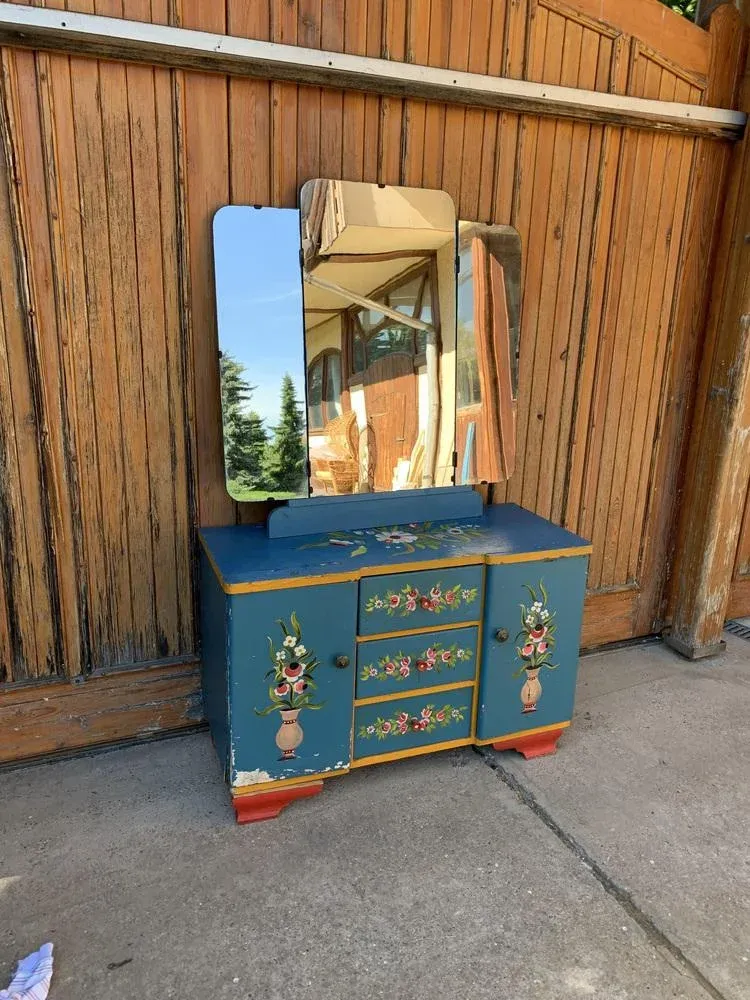 blue dressing table Sapphire Dressing Table with Velvet Finish and Golden Accent
