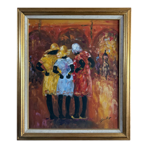1980s "The Gathering" Signed Vibrant Vintage Mid-Century Impressionist Oil on Canvas Painting