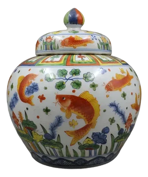 Chinese Vintage Ceramic Pot,Ming Dynasty Jiajing Marked Blue and White Famille Verte Porcelain Gingeer Jar Hand Painted Fishes and Waterweeds Pattern