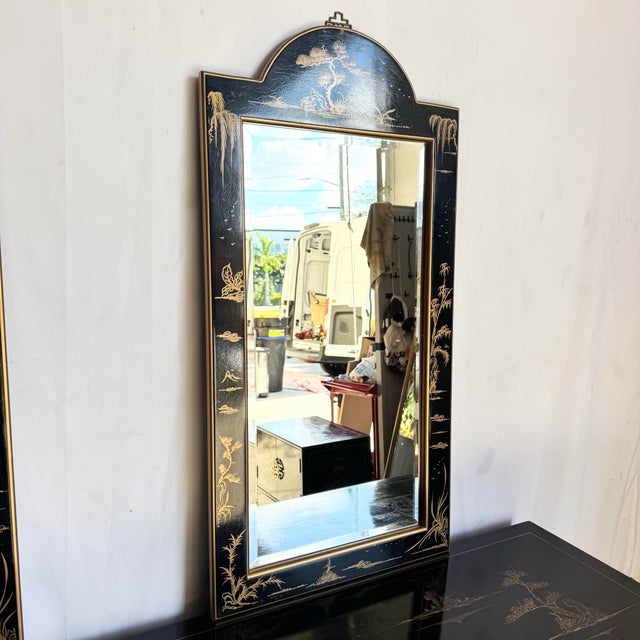 Chinese Vintage Chinese Black and Gold Hand Painted Dresser With Mirrors - 3 Pieces For Sale - Image 3 of 12