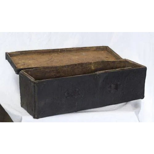 A great rare and early Tibetan wooden trunk covered in leather with forged iron fittings and trim.