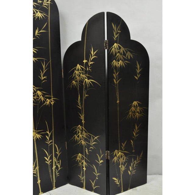 Decorator Chinoiserie Black Lacquer Oriental Painted 4 Panel Room Divider Screen For Sale - Image 10 of 16