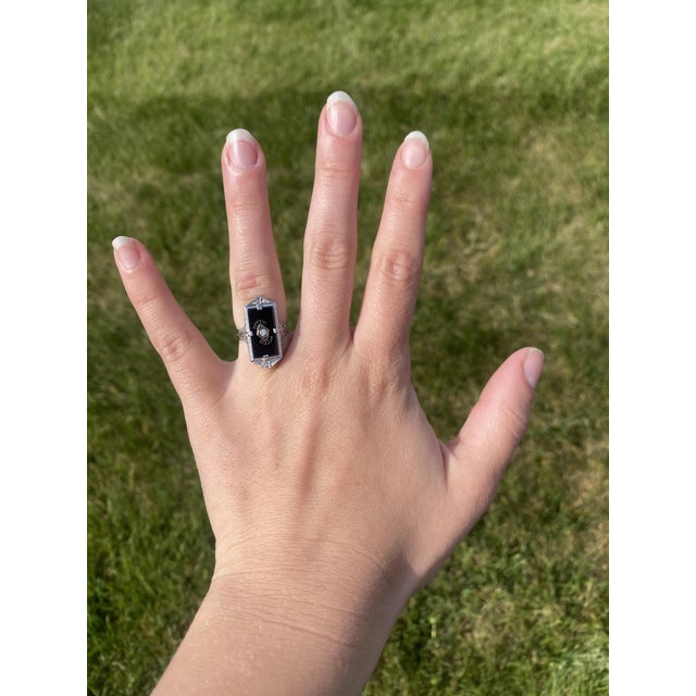 Metal Vintage Black Onyx & Diamond Filigree Ring, 14k White Gold, Ring Size 5 For Sale - Image 7 of 7