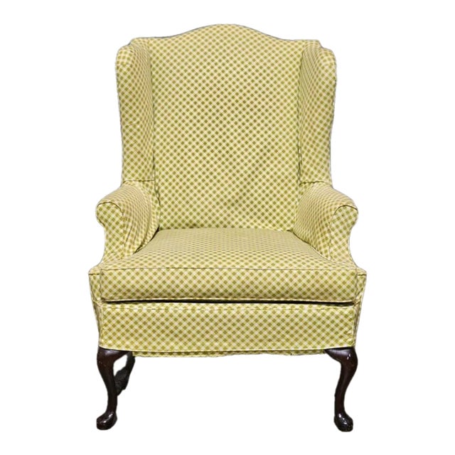 Mid 20th Century Queen Anne Style Mahogany Wing Chair Yellow Check Fabric Slipcover Made in Virginia For Sale