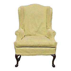 Mid 20th Century Queen Anne Style Mahogany Wing Chair Yellow Check Fabric Slipcover Made in Virginia