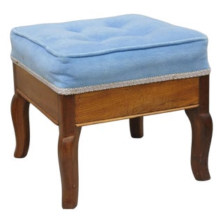 Antique Victorian Walnut Cabriole Leg Blue Tufted Footstool Ottoman Stool For Sale