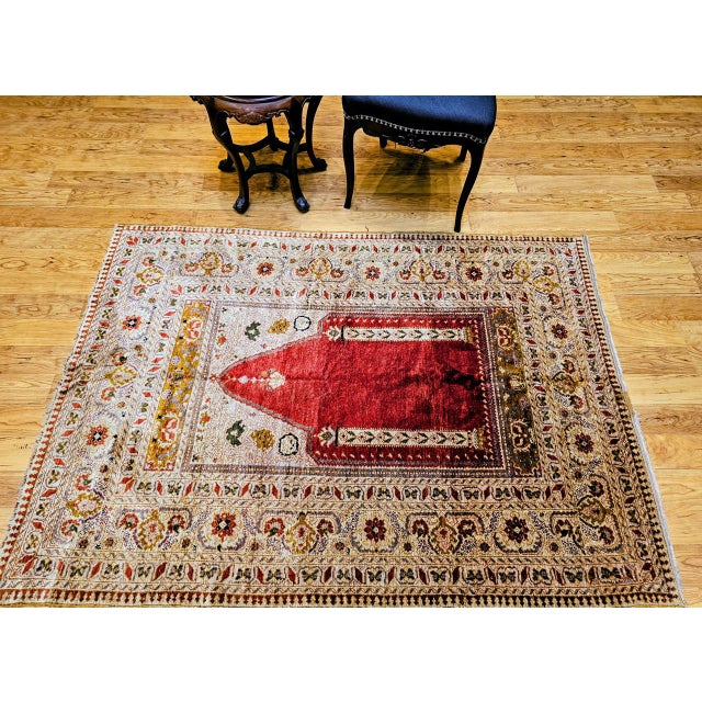 Textile Antique Turkish Silk Prayer Area Rug, Late 19th Century, Red & Gold, 4' x 6' For Sale - Image 7 of 16