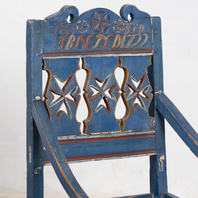 Original Blue Painted and Carved Swedish Chair, Dated 1722 For Sale - Image 4 of 14