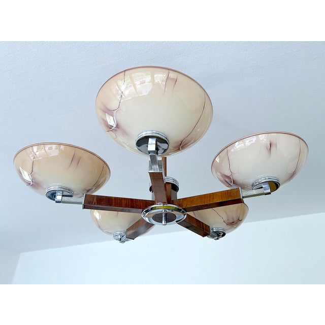 Large Art Deco Pendant Light in Wood and Glass, 1930s For Sale - Image 9 of 18