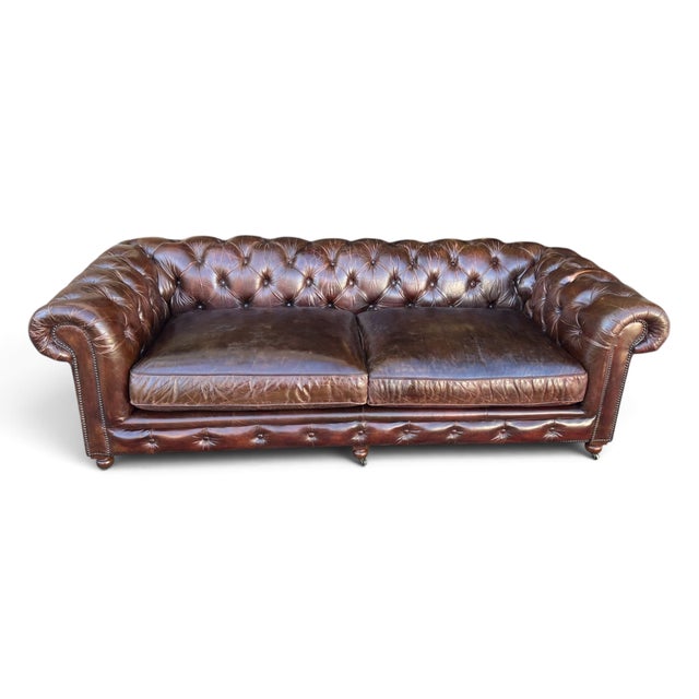 Restoration Hardware Chesterfield Cognac Leather Sofa With Brass Nailhead & Casters For Sale - Image 11 of 16