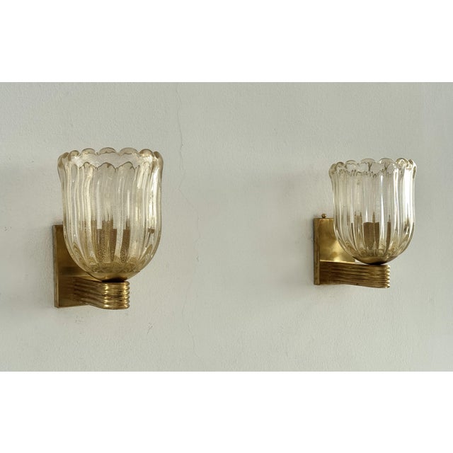 Art Deco Italian Murano Crystal Glass and Brass Wall Sconces, 1990s, Set of 2 For Sale - Image 6 of 14